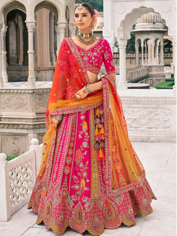 Rani Pink Silk Embroidered Lehenga with Orange-Red Dupatta for Wedding Wear