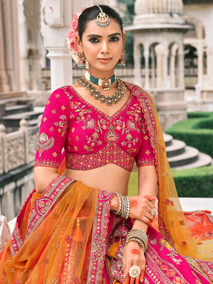 Rani Pink Silk Embroidered Lehenga with Orange-Red Dupatta for Wedding Wear