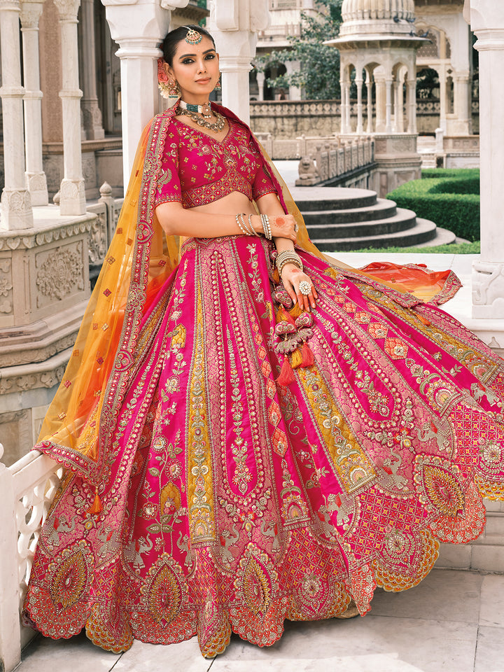 Rani Pink Silk Embroidered Lehenga with Orange-Red Dupatta for Wedding Wear