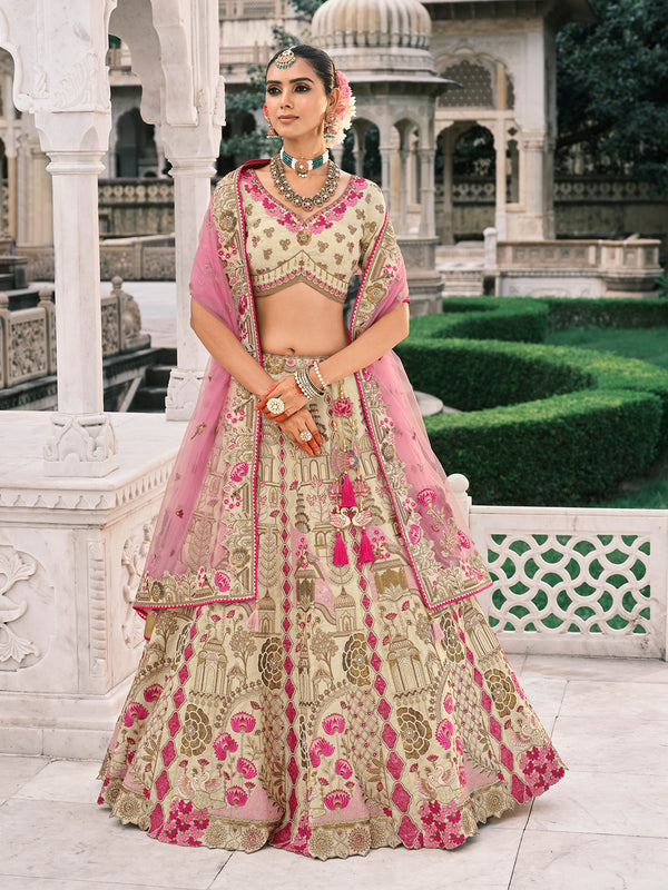 White Silk Bridal Lehenga with Pink Dupatta In Heavy Embroidery Wedding Wear