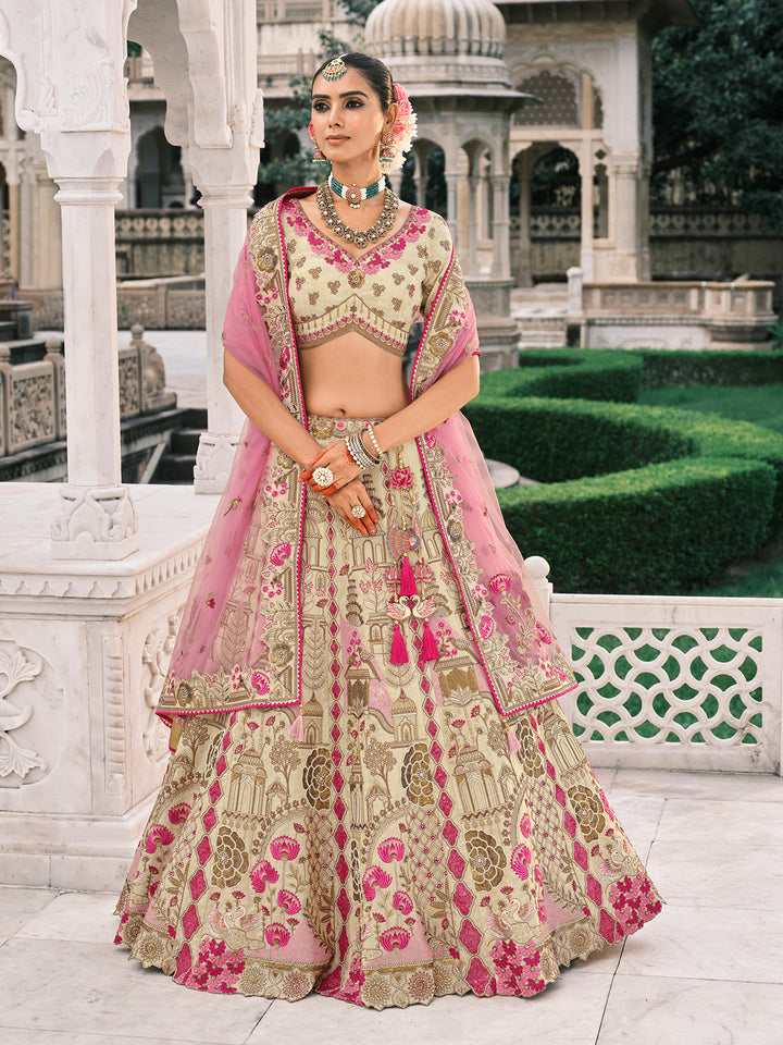 White Silk Bridal Lehenga with Pink Dupatta In Heavy Embroidery Wedding Wear