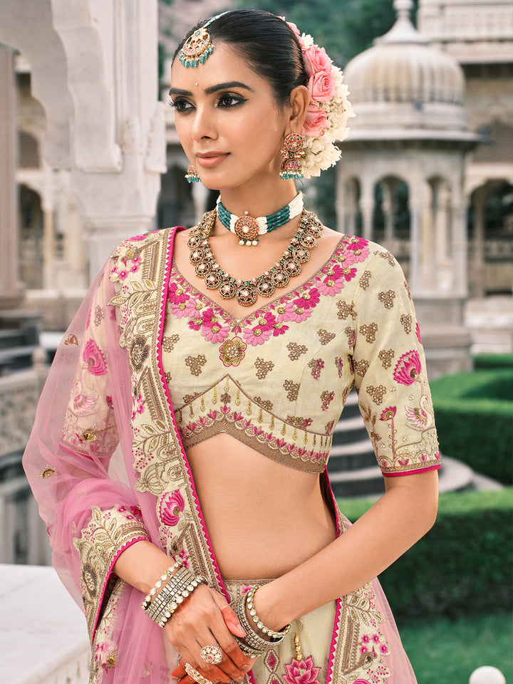 White Silk Bridal Lehenga with Pink Dupatta In Heavy Embroidery Wedding Wear