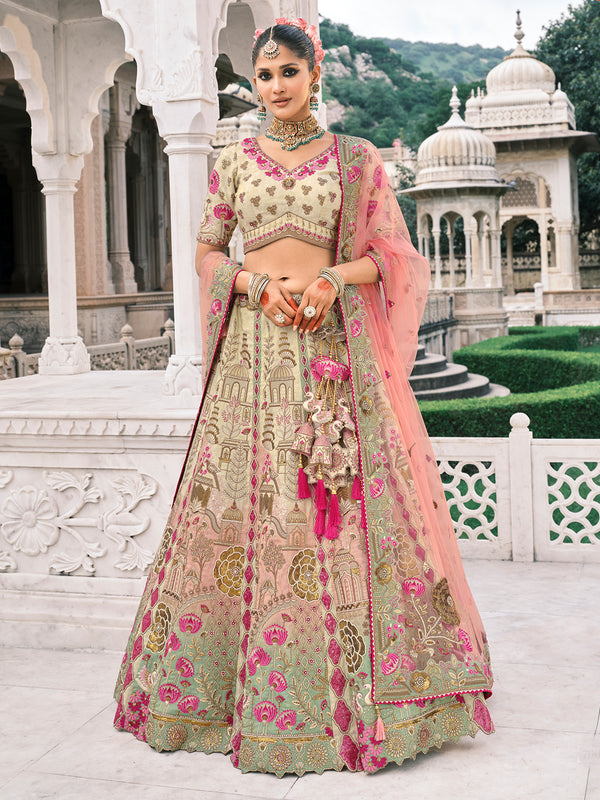 Cream Silk Wedding Lehenga with Heavy Khatli Embroidery, Mirror & Stone Work, Pink Net Dupatta – Designer Bridal Wear