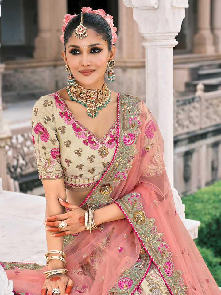 Cream Silk Wedding Lehenga with Heavy Khatli Embroidery, Mirror & Stone Work, Pink Net Dupatta – Designer Bridal Wear