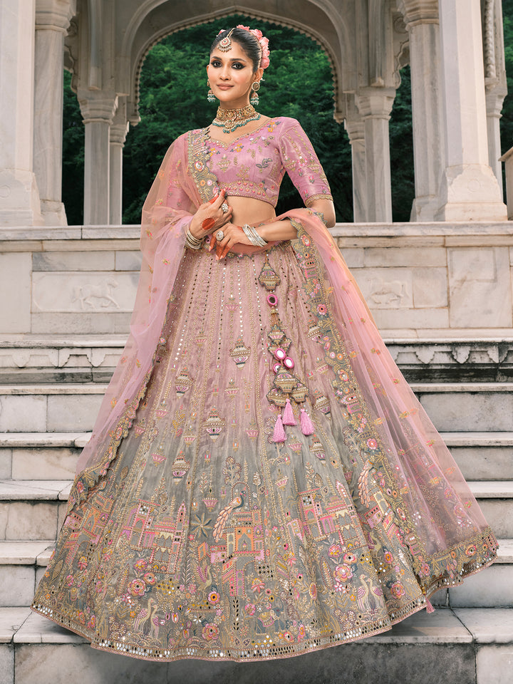 Pink-Grey Designer Lehenga for Wedding | Silk Blouse & Embroidered Dupatta