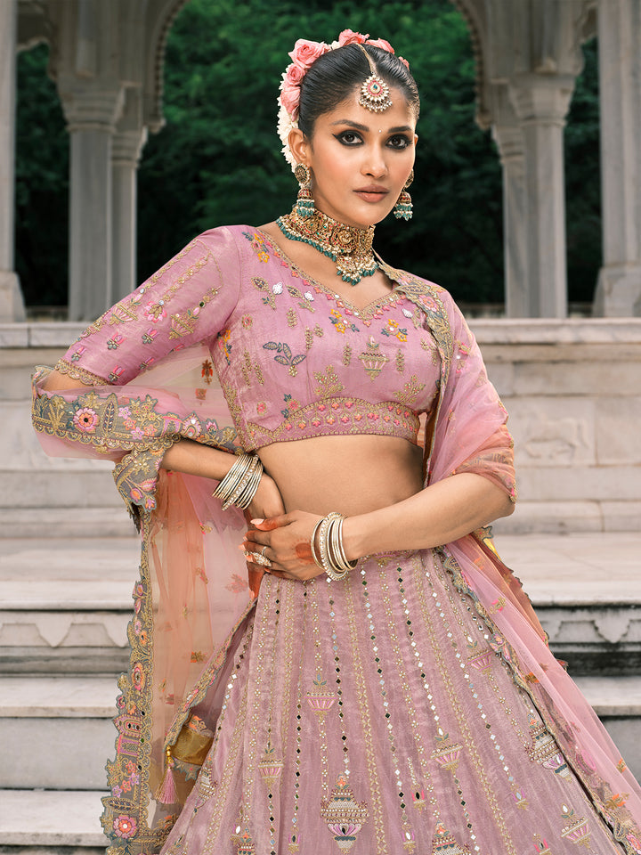 Pink-Grey Designer Lehenga for Wedding | Silk Blouse & Embroidered Dupatta