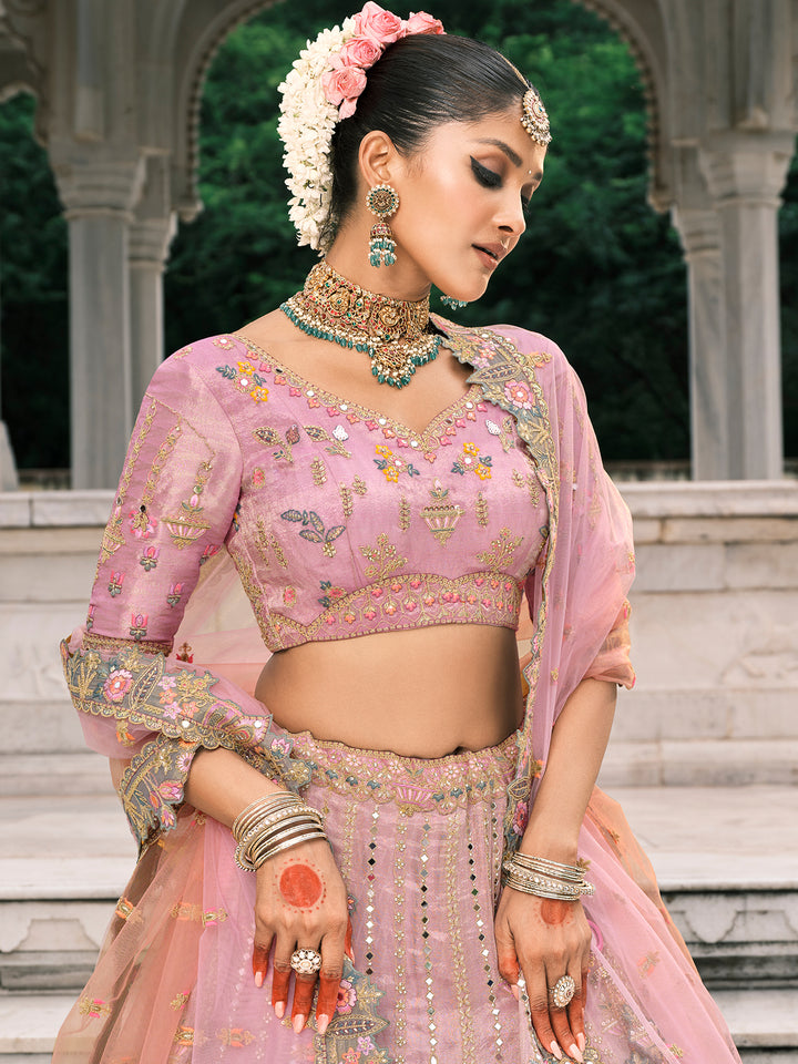 Pink-Grey Designer Lehenga for Wedding | Silk Blouse & Embroidered Dupatta