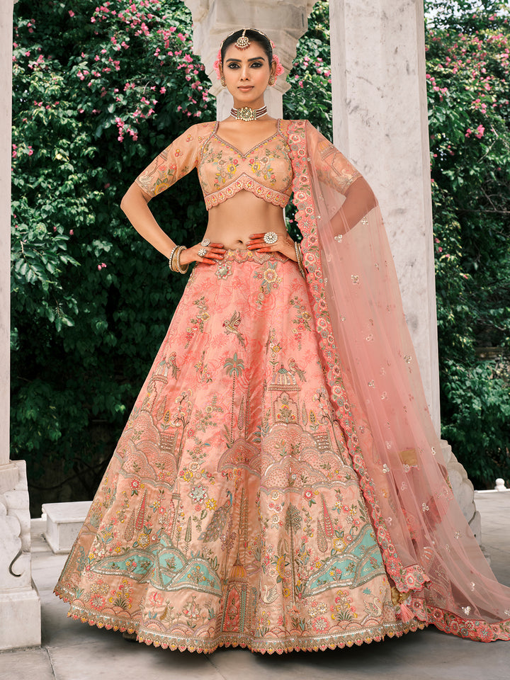 Peach Designer Lehenga for Wedding | Fancy Silk, Embroidery & Mirror Work
