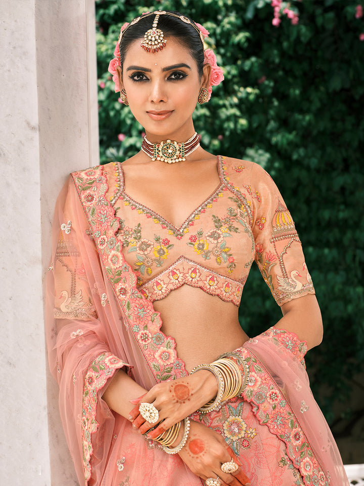 Peach Designer Lehenga for Wedding | Fancy Silk, Embroidery & Mirror Work
