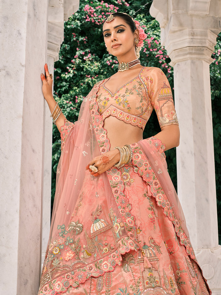 Peach Designer Lehenga for Wedding | Fancy Silk, Embroidery & Mirror Work