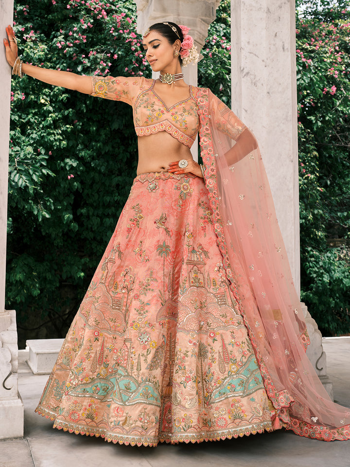 Peach Designer Lehenga for Wedding | Fancy Silk, Embroidery & Mirror Work