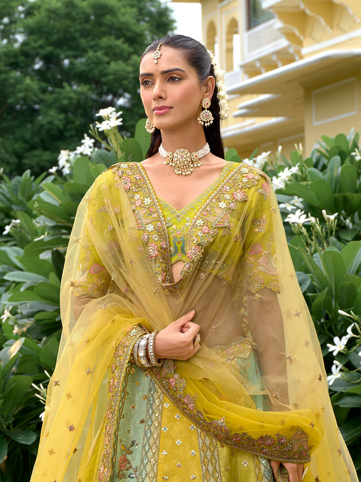 Fancy Yellow and Green Silk Designer Lehenga Choli for Wedding | Heavy Cut Work, Sequence & Mirror Embroidery