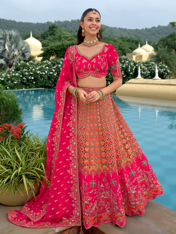 Designer Rani Pink Silk Wedding Lehenga Choli with Cut Work Border, Stone, Sequence & Mirror Work - Heavy Embroidered Bridal Wear