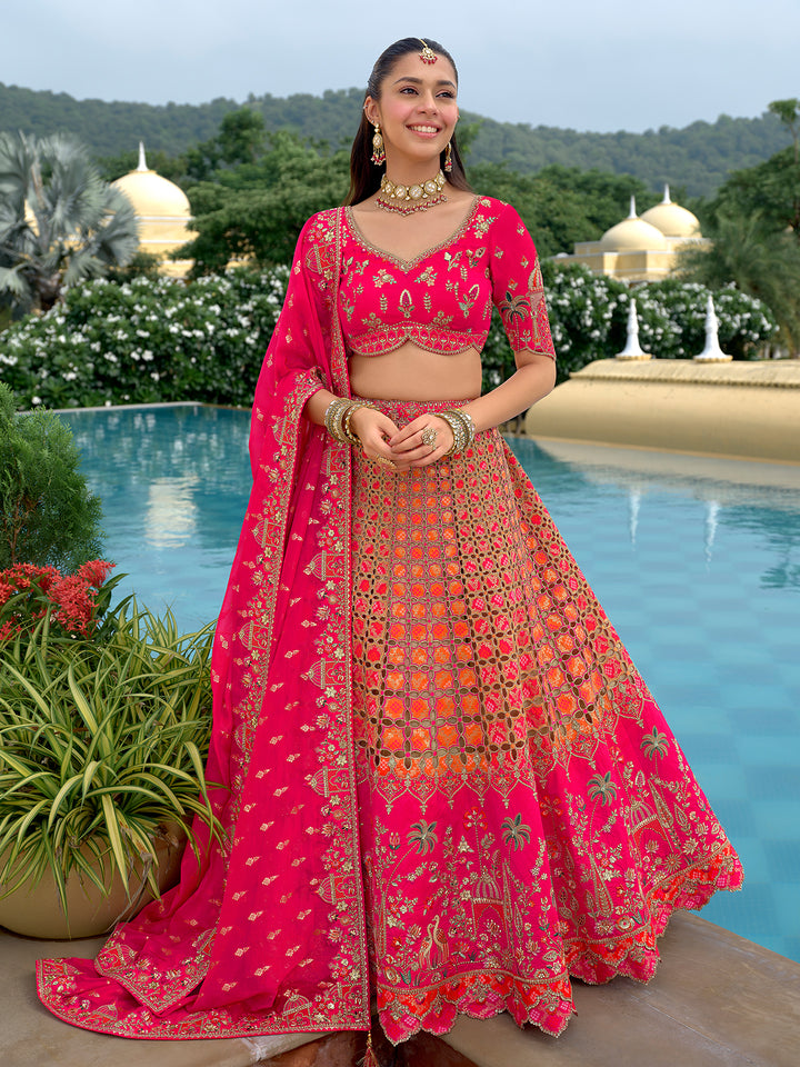 Designer Rani Pink Silk Wedding Lehenga Choli with Cut Work Border, Stone, Sequence & Mirror Work - Heavy Embroidered Bridal Wear