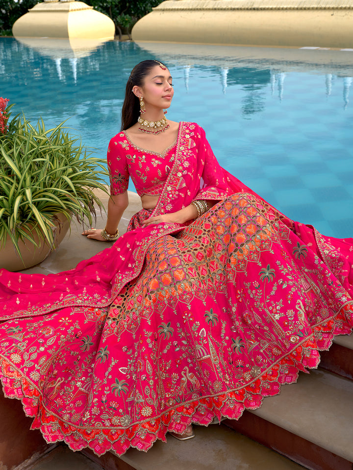 Designer Rani Pink Silk Wedding Lehenga Choli with Cut Work Border, Stone, Sequence & Mirror Work - Heavy Embroidered Bridal Wear