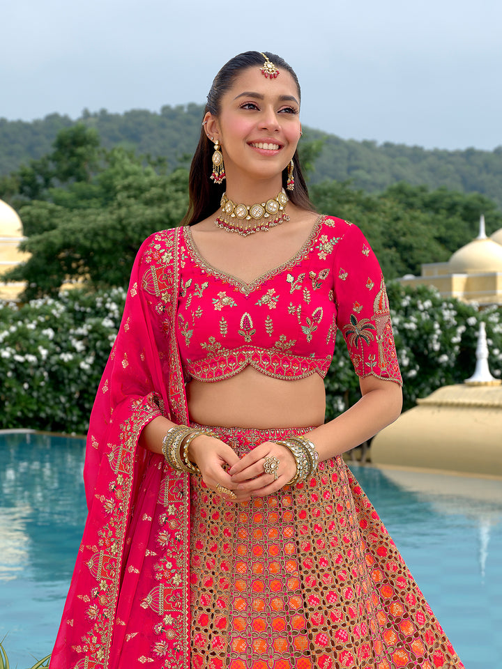 Designer Rani Pink Silk Wedding Lehenga Choli with Cut Work Border, Stone, Sequence & Mirror Work - Heavy Embroidered Bridal Wear