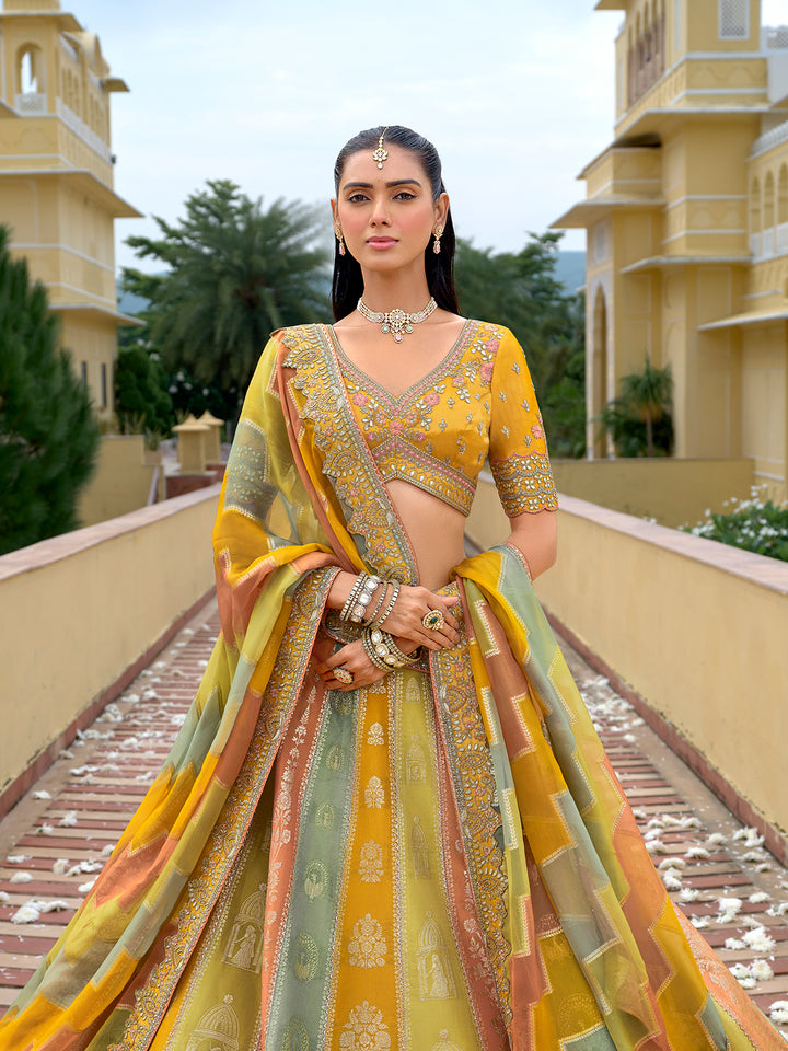 Woman in a traditional yellow and green saree with intricate patterns standing on a pathway.