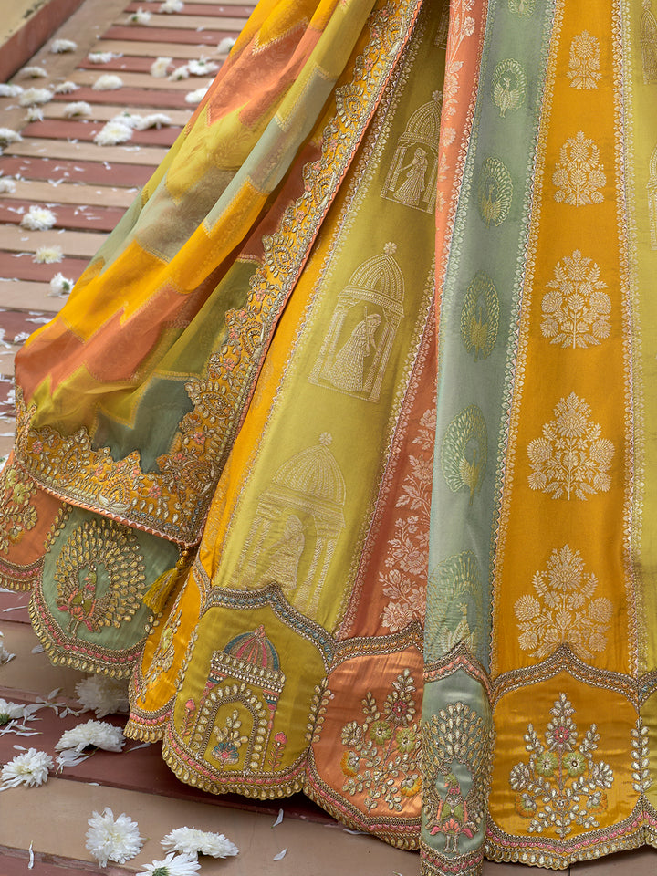 Colorful embroidered fabric with intricate patterns on a wooden surface.