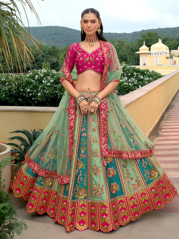 Designer Green Silk Lehenga Choli with Rani Pink Blouse | Heavy Cut Work & Mirror Work Wedding Wear