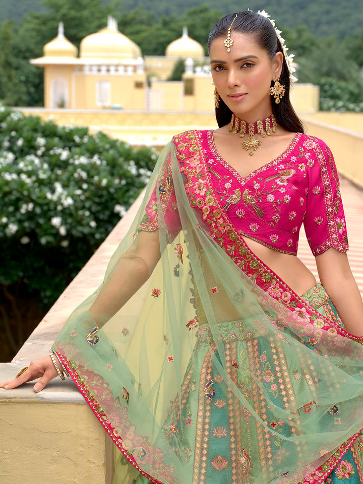 Designer Green Silk Lehenga Choli with Rani Pink Blouse | Heavy Cut Work & Mirror Work Wedding Wear