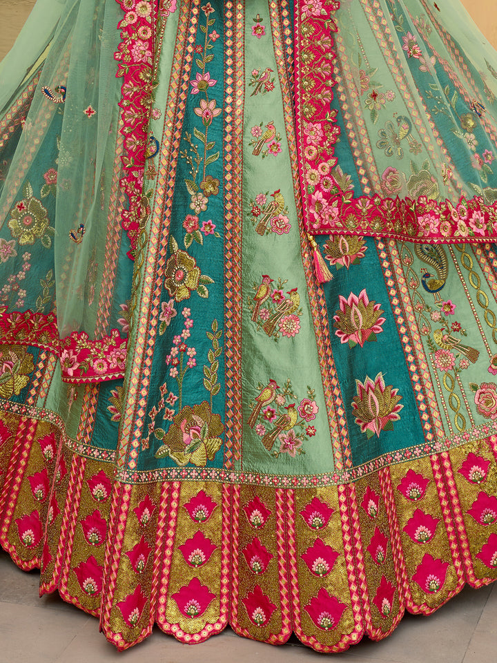 Designer Green Silk Lehenga Choli with Rani Pink Blouse | Heavy Cut Work & Mirror Work Wedding Wear