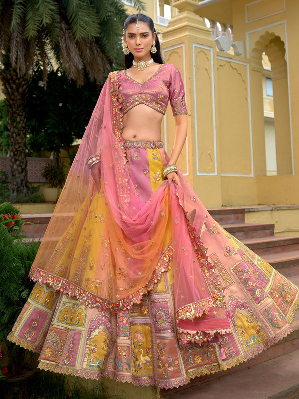 Designer Pink Yellow Silk Wedding Lehenga Choli | Cut Work Mirror Work