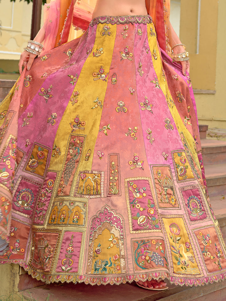 Designer Pink Yellow Silk Wedding Lehenga Choli | Cut Work Mirror Work