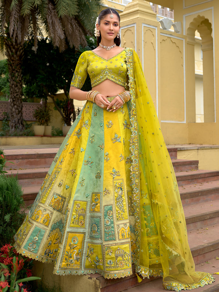 Woman in a traditional yellow and green embroidered outfit standing outdoors.