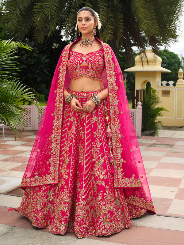 Pink Silk Lehenga with Khatli Embroidery & Heavy Work for Wedding Wear – Designer Bridal Outfit with Net Dupatta