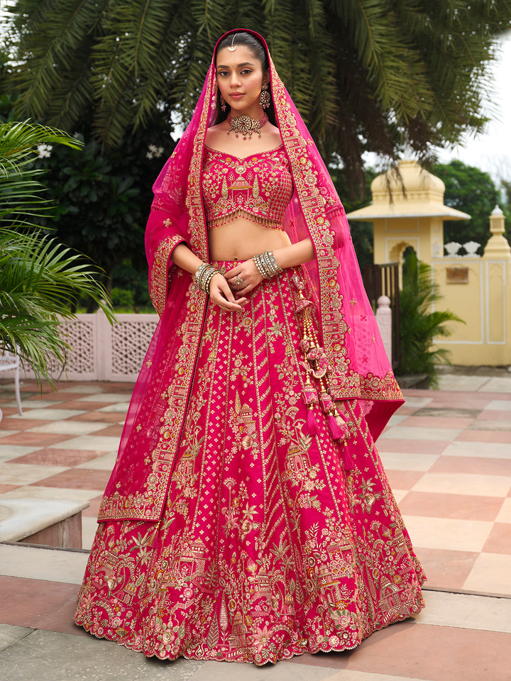 Pink Silk Lehenga with Khatli Embroidery & Heavy Work for Wedding Wear – Designer Bridal Outfit with Net Dupatta