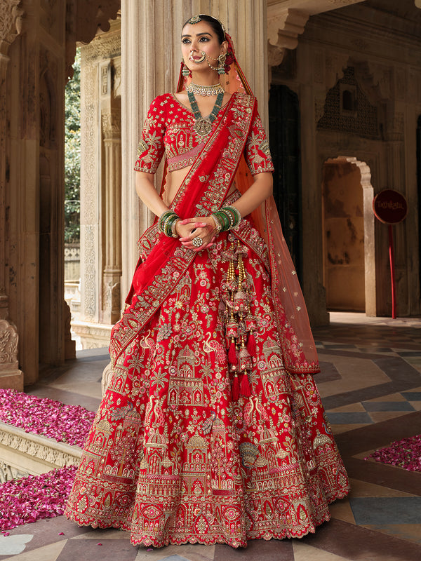 Red Silk Lehenga with Khatli Embroidery & Heavy Work for Wedding | Designer Bridal Outfit