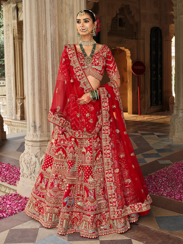 Silk Red Lehenga with Khatli Embroidery Heavy Work for Wedding Wear
