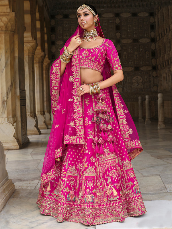 Pink Silk Lehenga with Khatli Embroidery Heavy Work for Wedding Wear – Designer Bridal Outfit with Net Dupatta