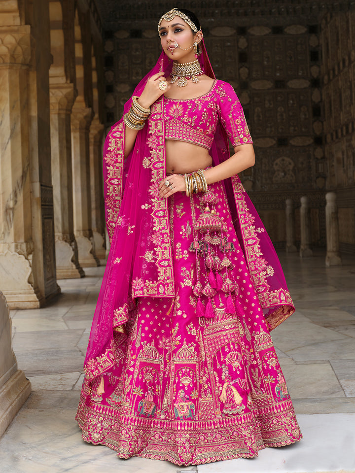 Pink Silk Lehenga with Khatli Embroidery Heavy Work for Wedding Wear – Designer Bridal Outfit with Net Dupatta