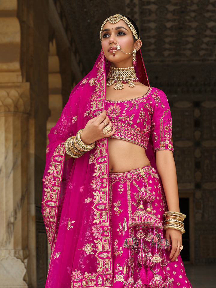 Pink Silk Lehenga with Khatli Embroidery Heavy Work for Wedding Wear – Designer Bridal Outfit with Net Dupatta