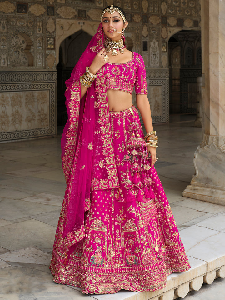 Pink Silk Lehenga with Khatli Embroidery Heavy Work for Wedding Wear – Designer Bridal Outfit with Net Dupatta