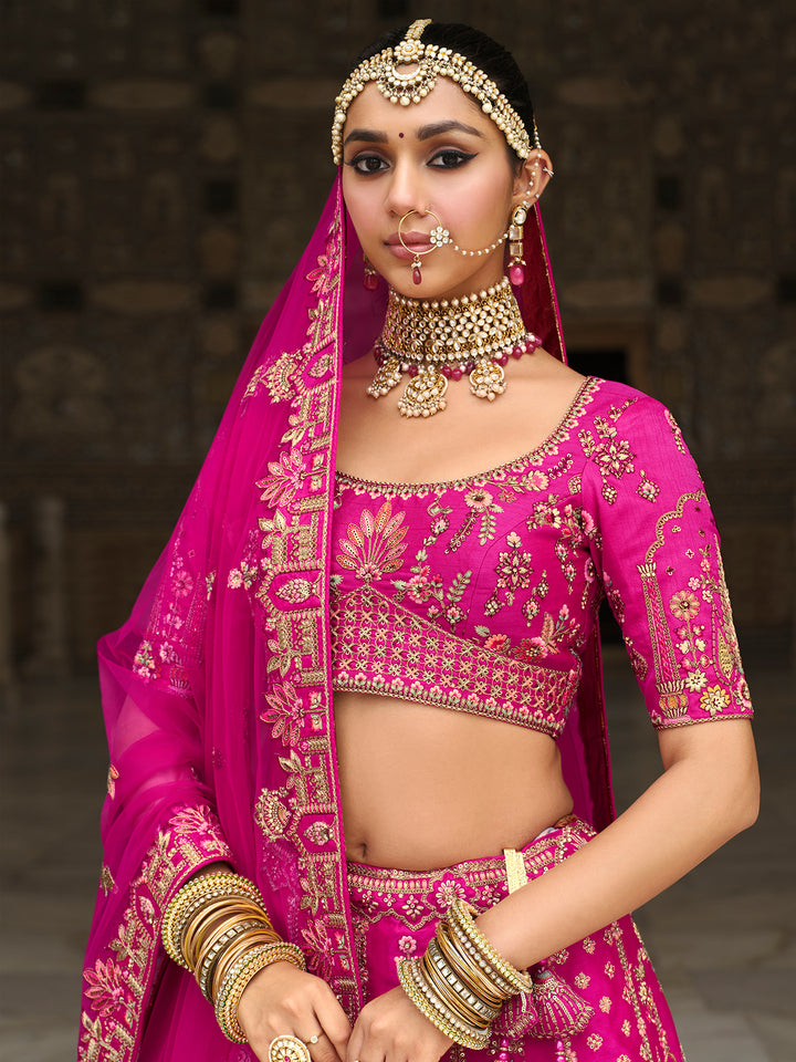 Pink Silk Lehenga with Khatli Embroidery Heavy Work for Wedding Wear – Designer Bridal Outfit with Net Dupatta