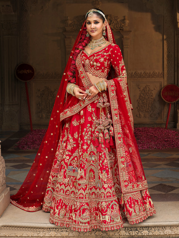 Traditional Red Silk Lehenga with Khatli Embroidery Heavy Work for Wedding Wear