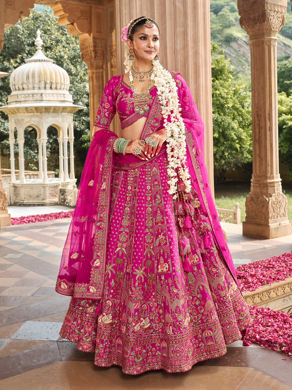 Designer Embroidered Pink Silk Weeding Lehenga Choli Set