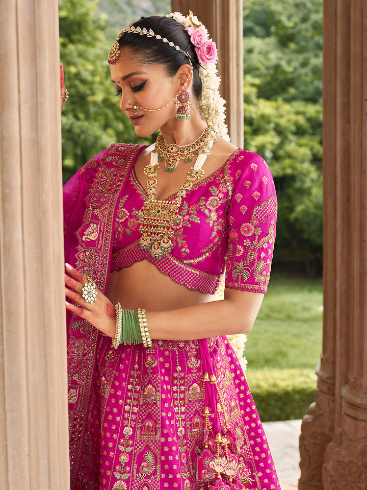 Designer Embroidered Pink Silk Weeding Lehenga Choli Set
