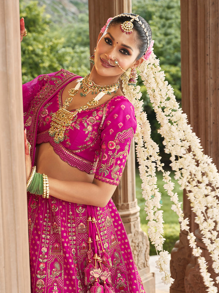 Designer Embroidered Pink Silk Weeding Lehenga Choli Set