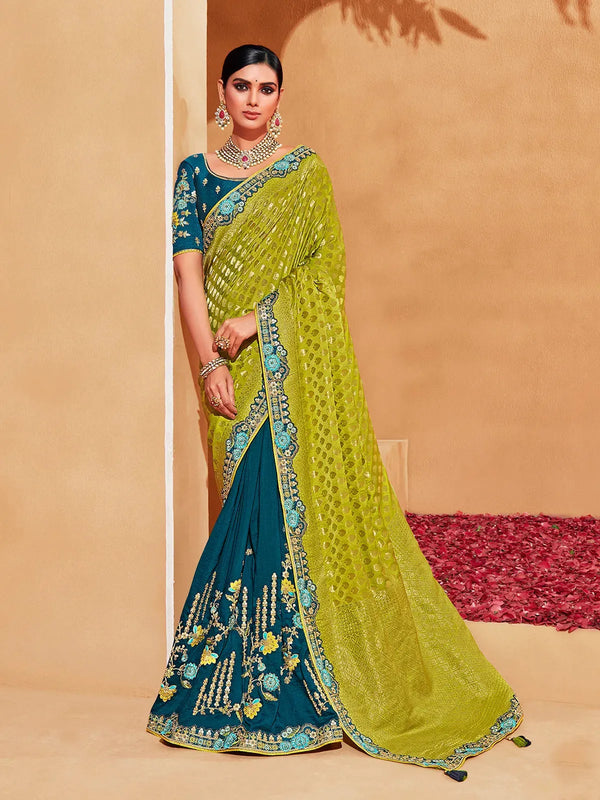 Peacock Blue and Green Banarasi Silk Saree with Heavy Embroidered Work For Occasion Wear