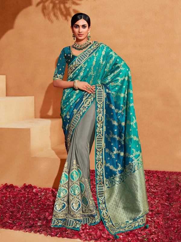 Grey And Teal Blue Banarasi Silk Saree with Heavy Embroidered Work For Occasion Wear