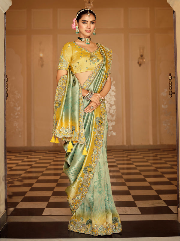 Green Silk Wedding Saree with Zari Weaving & Heavy Khatli Work | Yellow Blouse