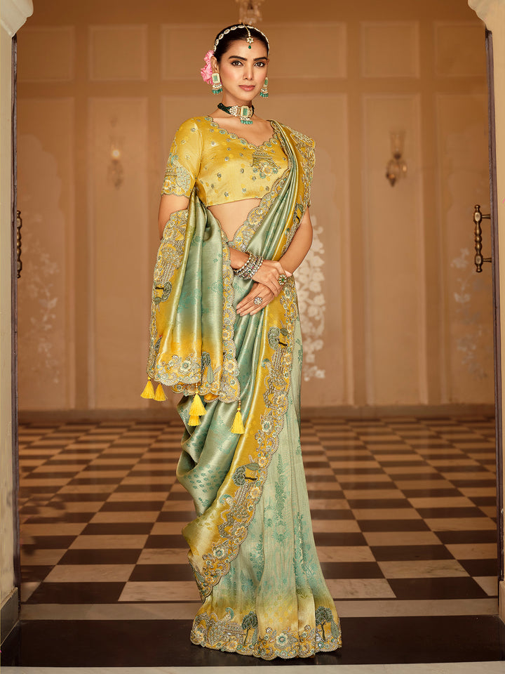 Green Silk Wedding Saree with Zari Weaving & Heavy Khatli Work | Yellow Blouse