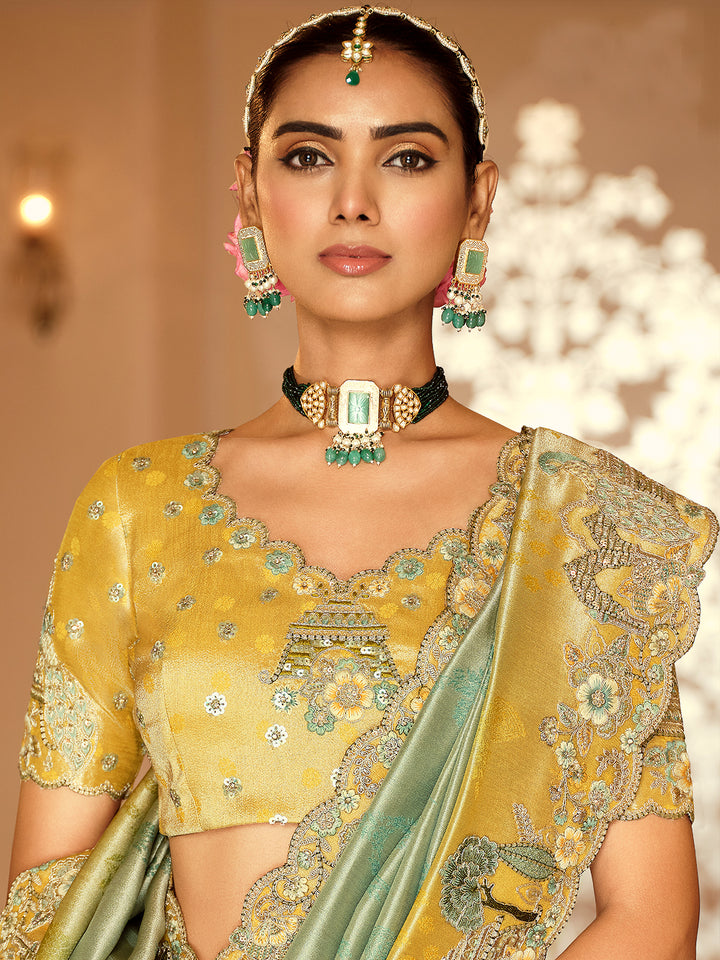 Green Silk Wedding Saree with Zari Weaving & Heavy Khatli Work | Yellow Blouse