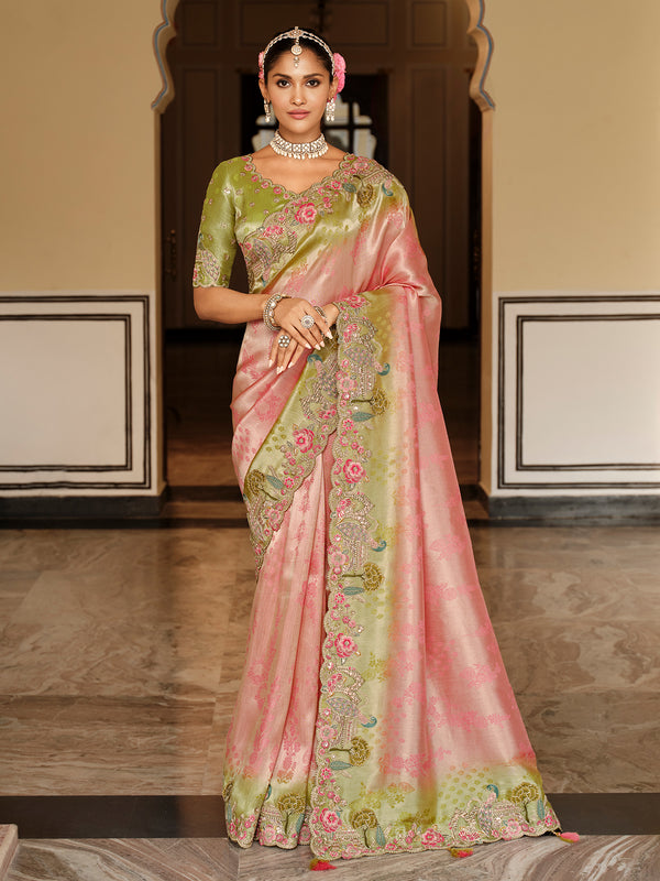 Pink Silk Wedding Saree with Green Blouse: Zari Weaving and Khatli Work