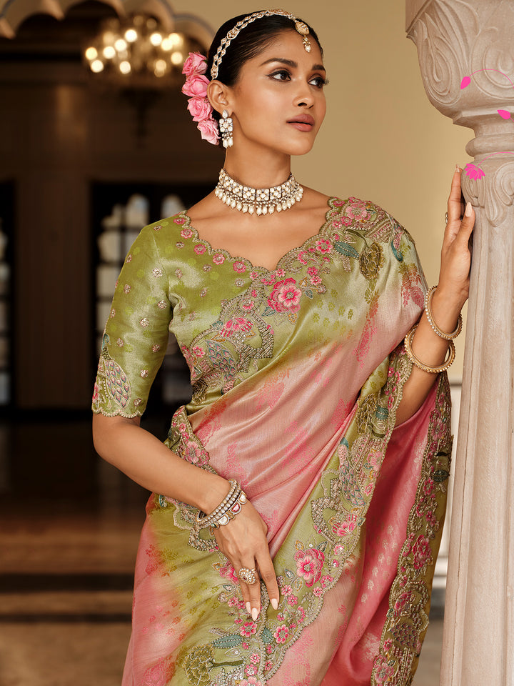 Pink Silk Wedding Saree with Green Blouse: Zari Weaving and Khatli Work