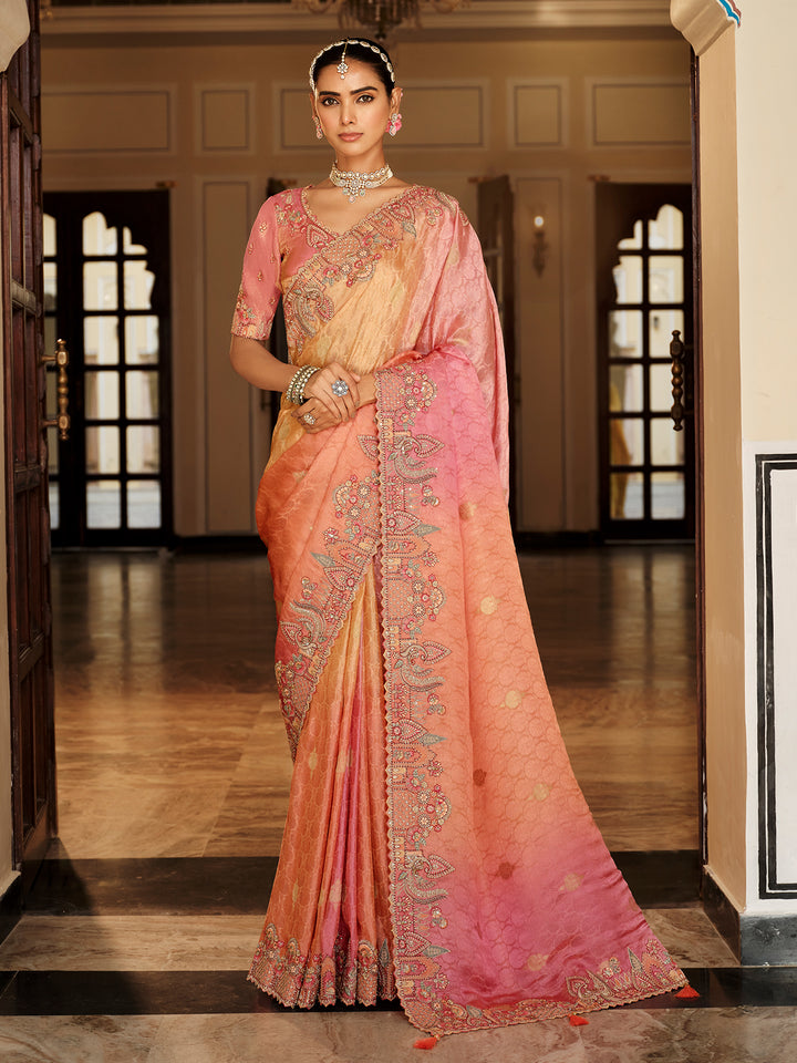pink silk saree wedding festive zari weaving khatli work heavy embroidery