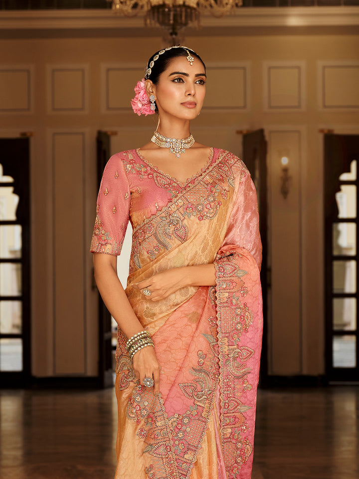 pink silk saree wedding festive zari weaving khatli work heavy embroidery